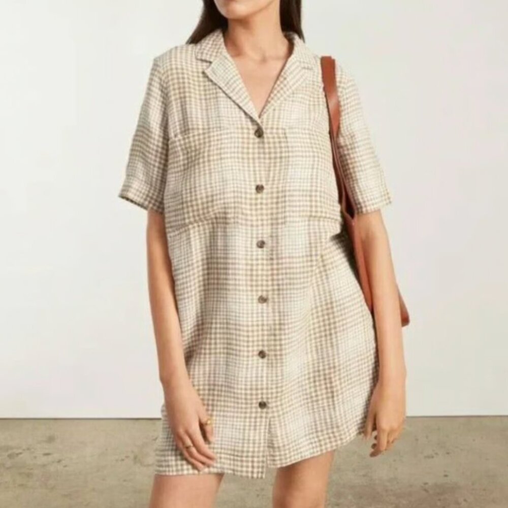 Everlane linen shirt dress in plaid cream